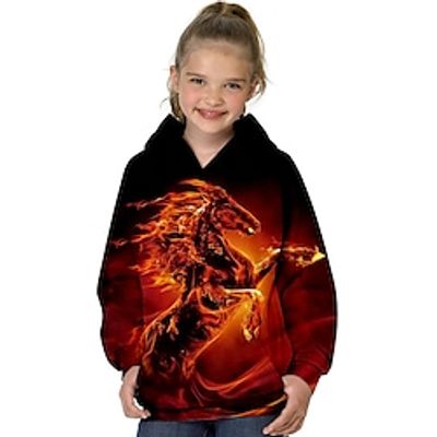 Kids Girls' Hoodie Long Sleeve 3D Print Horse Animal Pocket Orange Children Tops Fall Winter Fashion Streetwear Adorable Daily Indoor Outdoor Regular Fit 3-13 Years Lightinthebox