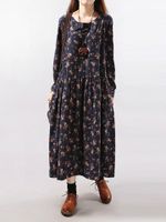 Vintage Floral Printed O-Neck Long Sleeve A-Line Dress For Women