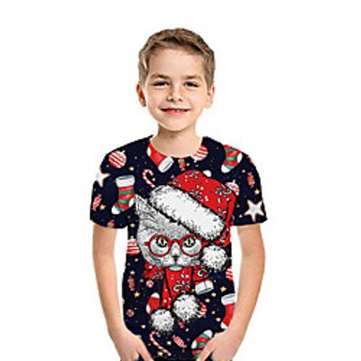 Kids Boys' T shirt Tee Short Sleeve Cat 3D Print Animal Black Children Tops Summer Active Daily Wear Regular Fit 3-12 Years miniinthebox