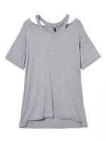 Loose Women Solid V-Neck Hollow Out T-Shirt