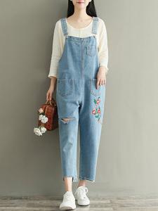 Spaghetti Strap Embroidered Denim Jumpsuits