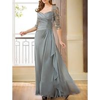 Sheath  Column Mother of the Bride Dress Wedding Guest Party Vintage Elegant Square Neck Floor Length Chiffon 34 Length Sleeve with Lace Pleats Ruffles 2023 Lightinthebox - thumbnail