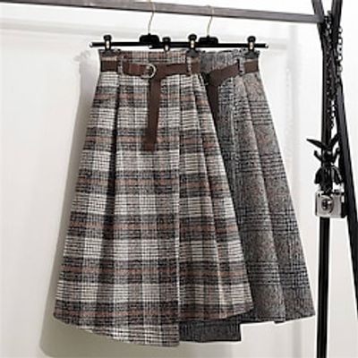Women's Skirt Plaid Skirt Midi Khaki Grey Skirts Winter Asymmetric Hem Print Belt Included Fashion Casual Street Daily S M L miniinthebox
