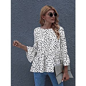 Women's Blouse Peplum Shirt Polka Dot Long Sleeve Ruffle Print Round Neck Casual Streetwear Tops Khaki White Red Lightinthebox