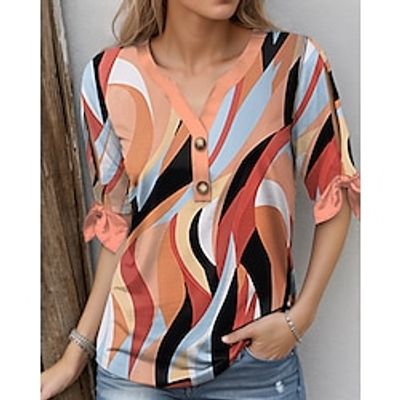 Women's T shirt Tee Henley Shirt Graphic Pink Blue Purple Print Button Cut Out Short Sleeve Daily Weekend Fashion V Neck Regular Fit Spring  Summer Lightinthebox