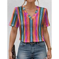 Women's T shirt Tee Striped Home Casual Holiday Print Fuchsia Short Sleeve Vintage Fashion V Neck Summer Lightinthebox