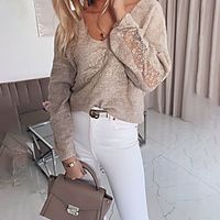 Women's Sweater Knitted Solid Color Stylish Long Sleeve Loose Sweater Cardigans V Neck Fall Khaki White miniinthebox - thumbnail
