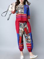 Folk Style Printed Blouse Pants Two Pieces Suits