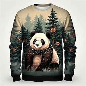 Graphic Panda Fashion Daily Casual Men's 3D Print Pullover Sweatshirt Holiday Vacation Going out Sweatshirts Dark Green Crew Neck Print Spring   Fall Designer Lightinthebox