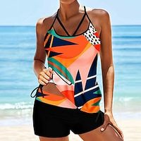 Women's Swimwear Tankini 2 Piece Normal Swimsuit 2 Piece Printing Graphic Orange Tank Top Bathing Suits Sports Summer Lightinthebox - thumbnail