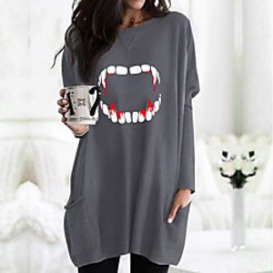 Women's Halloween T shirt Dress Graphic Long Sleeve Pocket Round Neck Basic Halloween Tops Army Green Fuchsia Gray miniinthebox