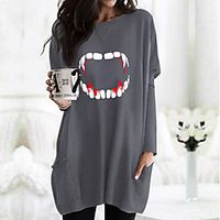 Women's Halloween T shirt Dress Graphic Long Sleeve Pocket Round Neck Basic Halloween Tops Army Green Fuchsia Gray miniinthebox - thumbnail