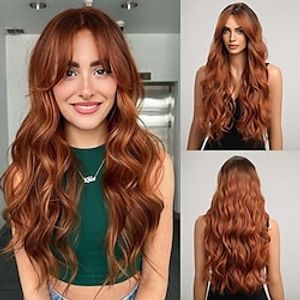Orange Wig for Women Long Ombre Auburn Dark Roots Wavy Curly Heat Resistant Synthetic Wigs with Bangs Natural High Density Layered Hair for Cosplay Party Halloween 26In Lightinthebox