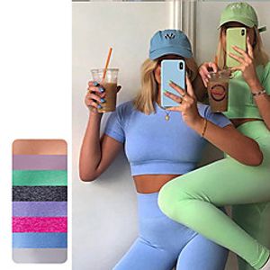 Women's 2pcs Yoga Suit Solid Color rice white Purple Light Green Nylon Yoga Fitness Running Tights Crop Top Clothing Suit Short Sleeve Sport Activewear Tummy Control Butt Lift Breathable Quick Dry Lightinthebox