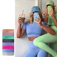 Women's 2pcs Yoga Suit Solid Color rice white Purple Light Green Nylon Yoga Fitness Running Tights Crop Top Clothing Suit Short Sleeve Sport Activewear Tummy Control Butt Lift Breathable Quick Dry Lightinthebox - thumbnail