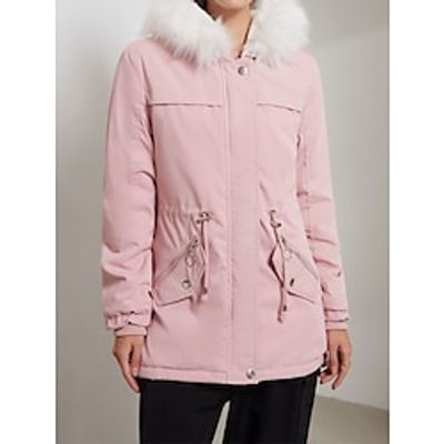 Women's Parka Winter Coat Mid-Length Puffer Jacket with Fur Collar Thermal Warm Heated Jacket Fleece Lined with Pockets Zip up Drwastring Hooded Outerwear Long Sleeve Fall Pink Lightinthebox