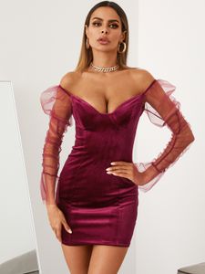 YOINS Velvet V-neck Patch Mesh Mini Dress