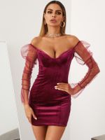 YOINS Velvet V-neck Patch Mesh Mini Dress - thumbnail