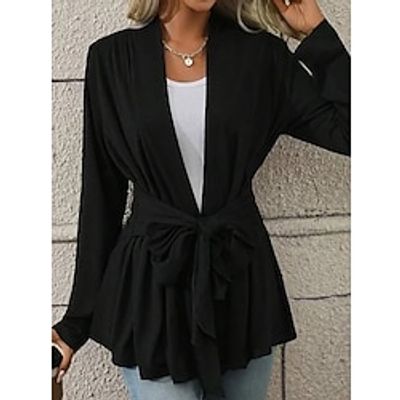 Women's Casual Jacket Belted Open Front Jacket V Neck Spring Jacket Fashion Daily Modern Outerwear Long Sleeve Fall Winter Black S M L XL 2XL Lightinthebox