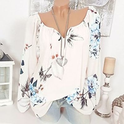 Women's Plus Size Tops Blouse Shirt Floral Print Long Sleeve V Neck Streetwear Daily Going out Polyester Fall Winter White Yellow miniinthebox