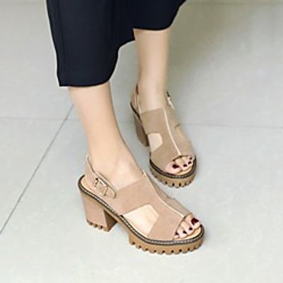 Women's Sandals Chunky Heel Peep Toe PU Synthetics Almond Light Brown Black miniinthebox
