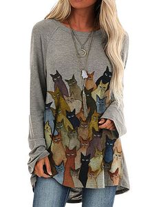 Cat Print Loose Casual Long Sleeve Round Neck Ladies T-shirt