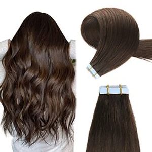 Tape In Hair Extensions Remy Human Hair 20pcs Pack Straight Dark Brown Hair Extensions miniinthebox