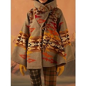 Women's CapesCloak Hooded Pea Coat Thermal Warm Winter Coat Aztec Print Warm Casual Jacket Long Sleeve Geometric Print Oversize Gray Lightinthebox