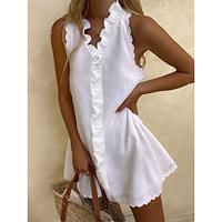 Women's Linen Dress Tank Dress White Cotton Dress Mini Dress Cotton Ruffle Daily Vacation V Neck Sleeveless Summer Spring White Plain Lightinthebox