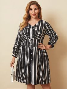 YOINS Plus Size V-neck Striped 3/4 Length Sleeves Midi Dress