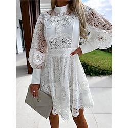 Women's White Dress Lace Dress Casual Dress Mini Dress Lace Patchwork Street Date Streetwear A Line Stand Collar Long Sleeve Regular Fit Black White Color S M L XL 2XL Size Lightinthebox