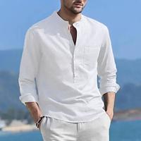 Men's Shirt Linen Shirt Summer Shirt Beach Shirt Cotton Linen Shirt White Cotton Shirt Black White Navy Blue Long Sleeve Plain Band Collar Spring Fall Hawaiian Holiday Clothing Apparel Button-Down Lightinthebox