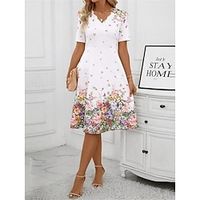 Women's Casual Dress A Line Dress Floral Print Scalloped Neck Midi Dress Streetwear A Line Street Date Short Sleeve Loose Fit White Navy Blue Green Fall S M L XL XXL Lightinthebox - thumbnail