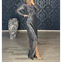 Mermaid  Trumpet Evening Gown Black Dress Dress Wedding Guest Fall Floor Length Long Sleeve V Neck Sequined with Sequin 2023 Lightinthebox - thumbnail
