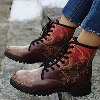 Women's Boots Combat Boots Booties Ankle Boots Lace-up Block Heel Round Toe Casual Daily PU Leather Lace-up Winter Color Block Dark Red miniinthebox - thumbnail