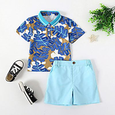 Toddler Boys' Shirt  Shorts Clothing Set Tropical Leaf Blue Solid Colored Short Sleeve 2 Piece Print Festival Light Blue Basic Short Above Knee Short 1-5 Years miniinthebox