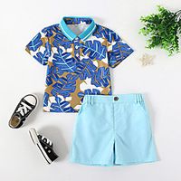 Toddler Boys' Shirt  Shorts Clothing Set Tropical Leaf Blue Solid Colored Short Sleeve 2 Piece Print Festival Light Blue Basic Short Above Knee Short 1-5 Years miniinthebox - thumbnail
