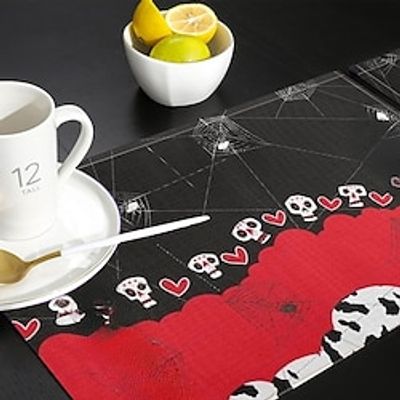 Placemats for Dining Table Cotton Linen Heat Insulating Durable Washable Halloween Witch Castle PumpkinsFull Moon Purple Table Mat Sets for Birthday Party Family Gathering Wedding Lightinthebox