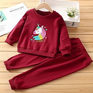 Kids Girls' Clothing Set 2 Pieces Long Sleeve Wine Cartoon Unicorn Letter Print Indoor Outdoor Cute Sweet Regular 2-6 Years miniinthebox