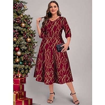 Women's Plus Size Velvet Dress Party Dress Lace Dress Midi Dress Wine 34 Length Sleeve Geometric Print Spring Fall Winter V Neck Fashion Winter Dress Christmas Wedding Guest 2023 L XL XXL 3XL 4XL 5XL Lightinthebox