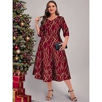 Women's Plus Size Velvet Dress Party Dress Lace Dress Midi Dress Wine 34 Length Sleeve Geometric Print Spring Fall Winter V Neck Fashion Winter Dress Christmas Wedding Guest 2023 L XL XXL 3XL 4XL 5XL Lightinthebox - thumbnail