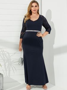 YOINS Plus Size V-neck Patchwork 3/4 Length Sleeves Maxi Dress