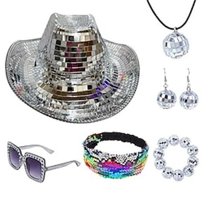 Disco Ball Cowboy Hat, 1970s Disco Accessories Set Silver Cowgirl Hat with Disco Ball Necklace, Earrings and Sunglasses for Hen Party Lightinthebox