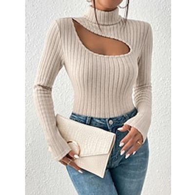 Women's T shirt Tee Ribbed Plain Black Beige Cut Out Long Sleeve Daily Fashion High Neck Slim Fall  Winter Lightinthebox