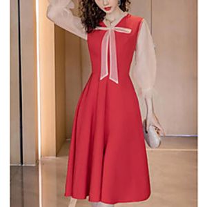 A-Line Elegant Vintage Homecoming Cocktail Party Dress V Neck 3/4 Length Sleeve Tea Length Stretch Fabric with Bow(s) Pleats 2021 miniinthebox
