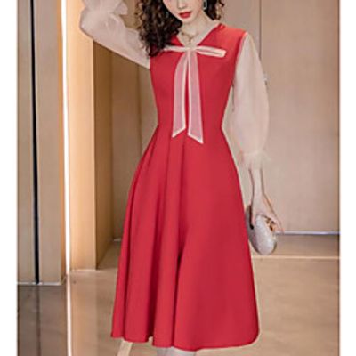 A-Line Elegant Vintage Homecoming Cocktail Party Dress V Neck 3/4 Length Sleeve Tea Length Stretch Fabric with Bow(s) Pleats 2021 miniinthebox
