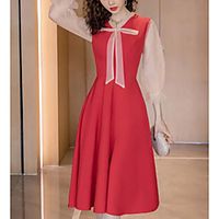 A-Line Elegant Vintage Homecoming Cocktail Party Dress V Neck 3/4 Length Sleeve Tea Length Stretch Fabric with Bow(s) Pleats 2021 miniinthebox - thumbnail