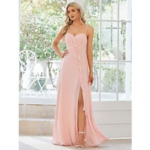 A-Line Wedding Guest Dresses Casual Dress Party Wear Floor Length Sleeveless Spaghetti Strap Chiffon with Ruffles Slit 2023 Lightinthebox