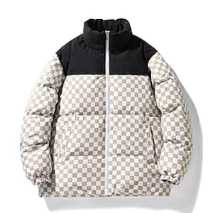 Men's Puffer Jacket Quilted Jacket Outdoor Casual  Daily Vacation Going out To-Go Grid  Plaid Outerwear Clothing Apparel Black Blue Khaki Lightinthebox