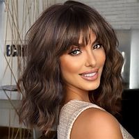 Short Wavy Brown Wig with Bangs Short Brown Highlight Bob Wigs for Women Wavy Bob Wig with Bangs Synthetic Natural Looking Wigs 14IN Lightinthebox